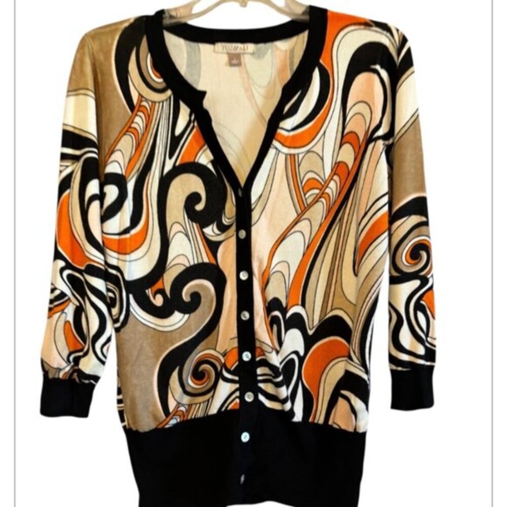 ROZ & ALI Black/Tan/Orange Chic Button Cardigan Sweater 3/4 Sleeve Size Large